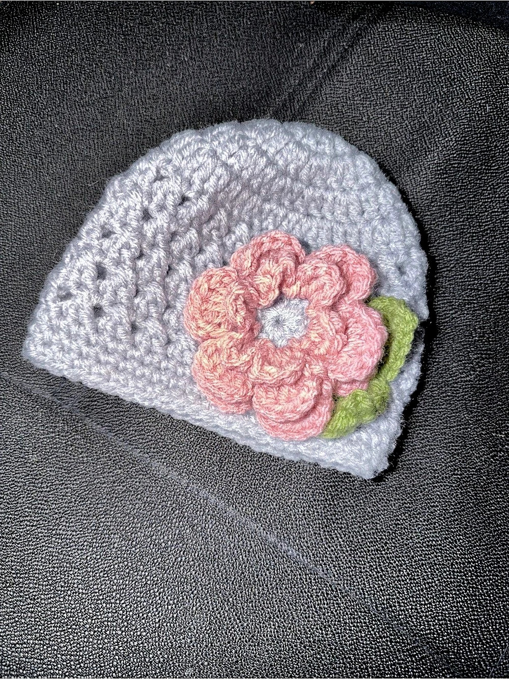 Crochet Flower Hat in Gray & Pink Like New